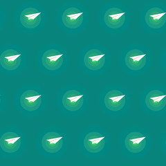 Seamless pattern with paper airplanes with circles on a green background in the flat style