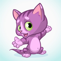 Little violet cute kitten pointing his hand. Purple striped cat sitting. Vector Illustration