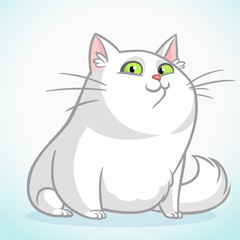 White fat cat with green eyes sitting. Vector cartoon cat illustration