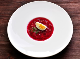 Cold summer soup from boiled beets and eggs