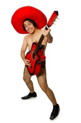 Nude man with sombrero playing guitar on white