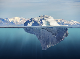 iceberg with above and underwater view - obrazy, fototapety, plakaty