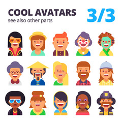 Set of cool avatars. Different skin tones, clothes and hair styles. Modern and simple flat cartoon style. Part 3 of 3. See also other parts.