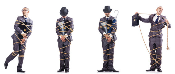 Man tied up isolated on white