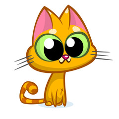 Illustration of an orange striped cat with big eyes sitting and smiling. Cute kitty vector logo