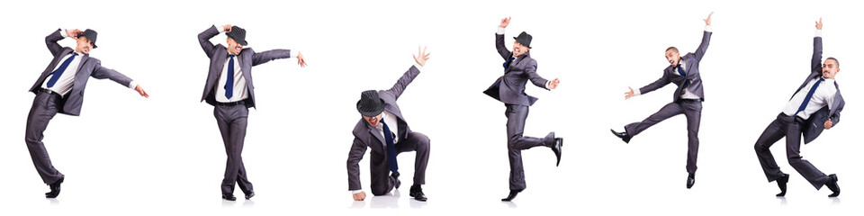 Dancing businessman isolated on white