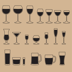 Glass icon set. Glassware for a different drinks. Beer glass, Wine glass and Cups isolated icons collection. Vector illustration.
