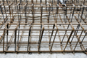 Prefabricated metal for pouring concrete at a construction site.