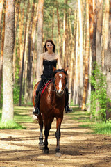 Beautiful woman riding horse in forest
