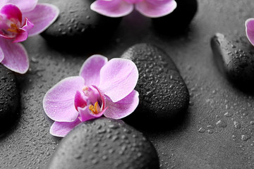 Fototapeta na wymiar Spa stones and orchids, closeup