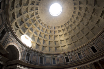Interior photo of the Pantheon in Rome. you can see the famous ray of light from entering