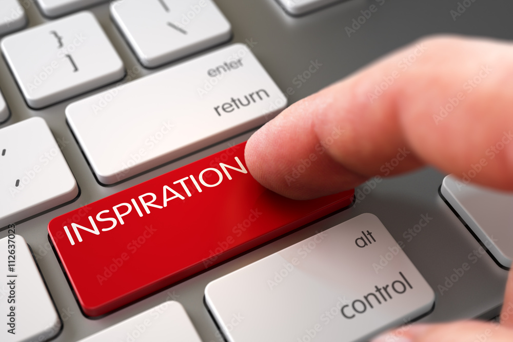 Poster computer user presses inspiration red button. finger pressing a computer keyboard key with inspirati