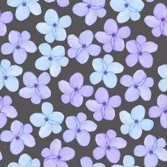 A seamless floral pattern with watercolor hand-drawn tender blue spring flowers, painted on a dark background