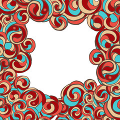 Square vector geometric template decorated ornamental pattern with loops and curls, painted by hand. Bright print design for invitations, packaging, design, labels, postcards, covers and posters.