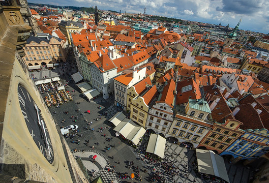 Prague, Czech Republic. Aerial view over Church of Our Lady before Tyn at Old Town square (Starometska) in Praha.