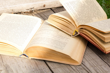 Summer pictures with an open book. Open book on the background of nature. Knowledge is power. Flowers in the book. Education. on the wooden table. Teacher's day. Empty space for text