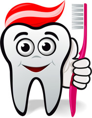 Zahn als Figur oder Logo für Zahnarzt oder Zahnmedizin mit Zahnbürste und Zahnpasta