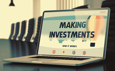 Making Investments on Landing Page of Mobile Computer Display in Modern Meeting Room Closeup View. Toned Image. Blurred Background. 3D Illustration.