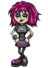 Goth cool teenage girl. Illustration cartoon girl, dressed in subculture clothes in dark goth or punk or emo style with skull