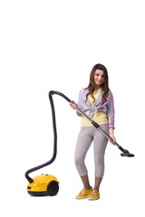 Woman with vacuum cleaner isolated on white