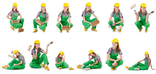 Woman with bricks isolated on white