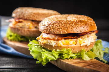 Bagel with bacon and egg