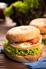 Bagel with bacon and egg