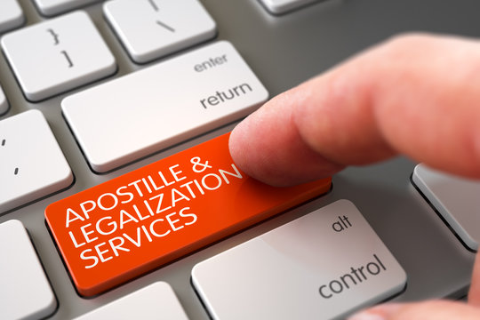 Man Finger Pushing Apostille and Legalization Services Orange Keypad on Modern Laptop Keyboard. Apostille and Legalization Services Concept. 3D Illustration.
