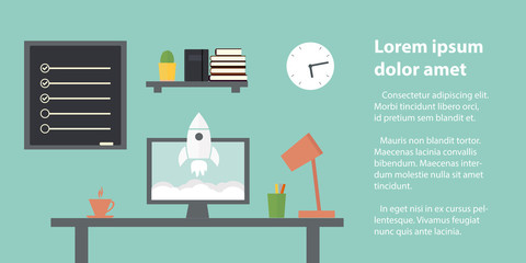 Startup.Workplace in home room. Stylish and old interior.Quality