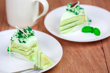 Pandan cake on wood table. selective focus