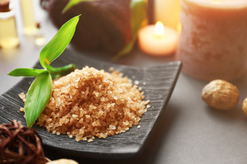 Beautiful composition of spa treatment on grey background