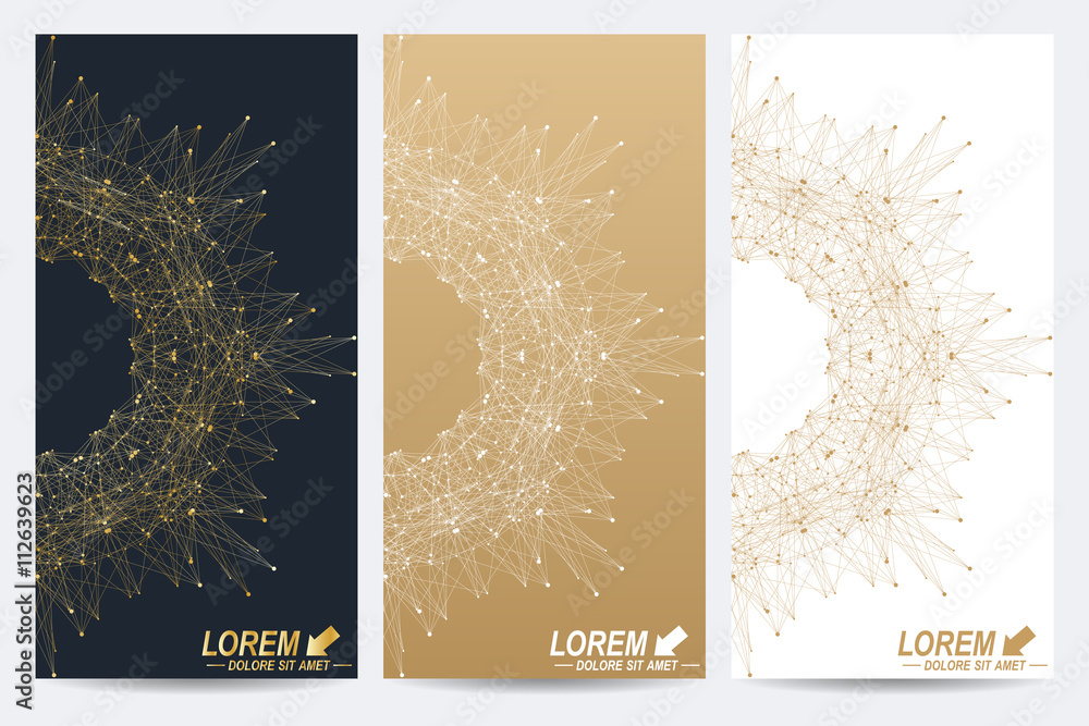 Poster modern set of vector flyers. molecule and communication background. geometric abstract round golden 
