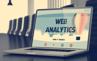 Web Analytics. Closeup Landing Page on Mobile Computer Display. Modern Conference Hall Background. Blurred Image. Selective focus. 3D Rendering.