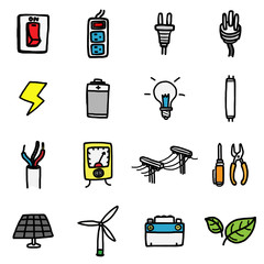 power and electrical objects or icons set/ cartoon vector and illustration, hand drawn style, isolated on white background.