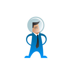 Flat character in a suit and tie with space helmet on his head. Businessman in a proud pose with hands on hips.
