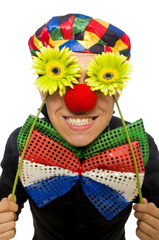 Funny clown with flowers isolated on white