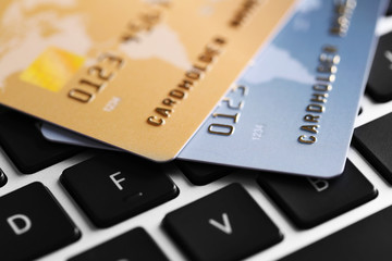 Credit cards on keyboard, closeup