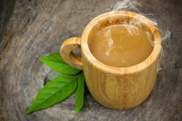 morning coffee with wood cup.