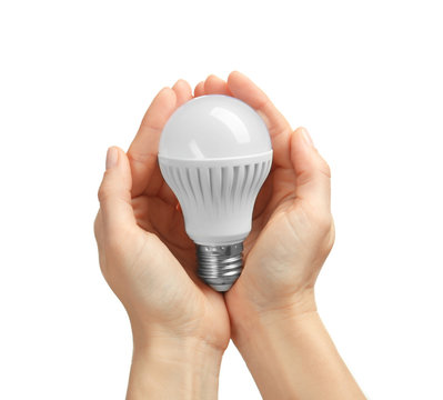 Woman hands holding bulb, isolated on white
