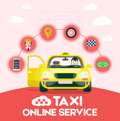 Taxi service. Flat icon taxi service. Flat yellow taxi with a driver traveling on the road. The car with the door open. Taxi online infographic icons. Application for taxi online