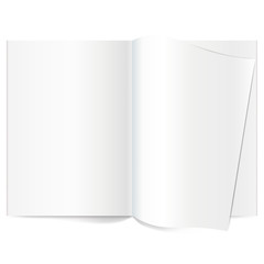 Vector blank magazine spread. Book Spread With Blank White Pages. Curled corner of paper with shadow. Template magazine spread. Curled corner of paper with shadow on transparent background