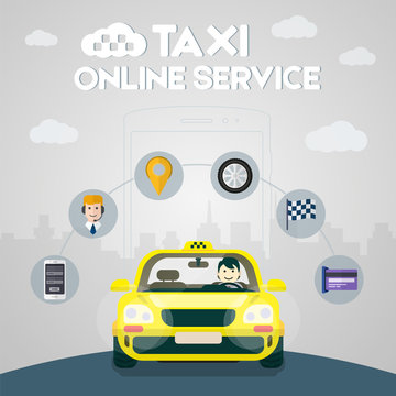 Taxi service. Flat yellow taxi with a driver traveling on the road. Flat icon taxi service.  Car front view. Taxi online infographic icons. Application for taxi online. Taxi logo vector.