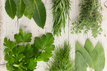 Freshly harvested herbs on wooden rustic background. Top view