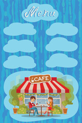 Fototapeta na wymiar Guy and girl are sitting in a cafe outdoor. Vector illustration of template menu, brochure, flyers cafe or restaurant. Drawing with lettering and places for inscription menu.
