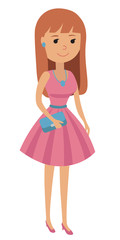 Vector illustration of a teenage girl dressed on pink for prom. Young woman in festive clothes.