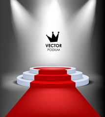 Vector king winner podium with red carpet. Highlighted event illuminated stage
