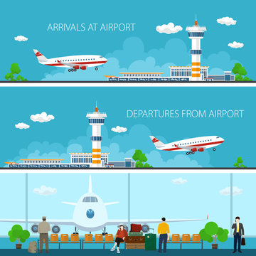 Airport Horizontal Banners, Arrivals at Airport, Departures from Airport, a Waiting Room with People, Travel Concept, Flat Design, Vector Illustration