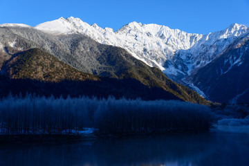Lake Taisho and Hotaka mountains in winter in Kamikochi, Nagano, Japan