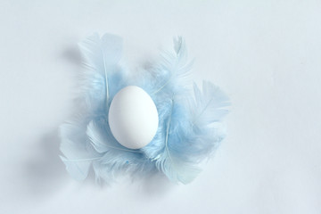 easter egg. blue feathers, flat lay