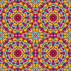 Hand-drawn seamless pattern in bright colorful shades of pink, yellow, turquoise, blue, ocher, magenta, fuchsia. Cute vector ornament for textile print and web design.